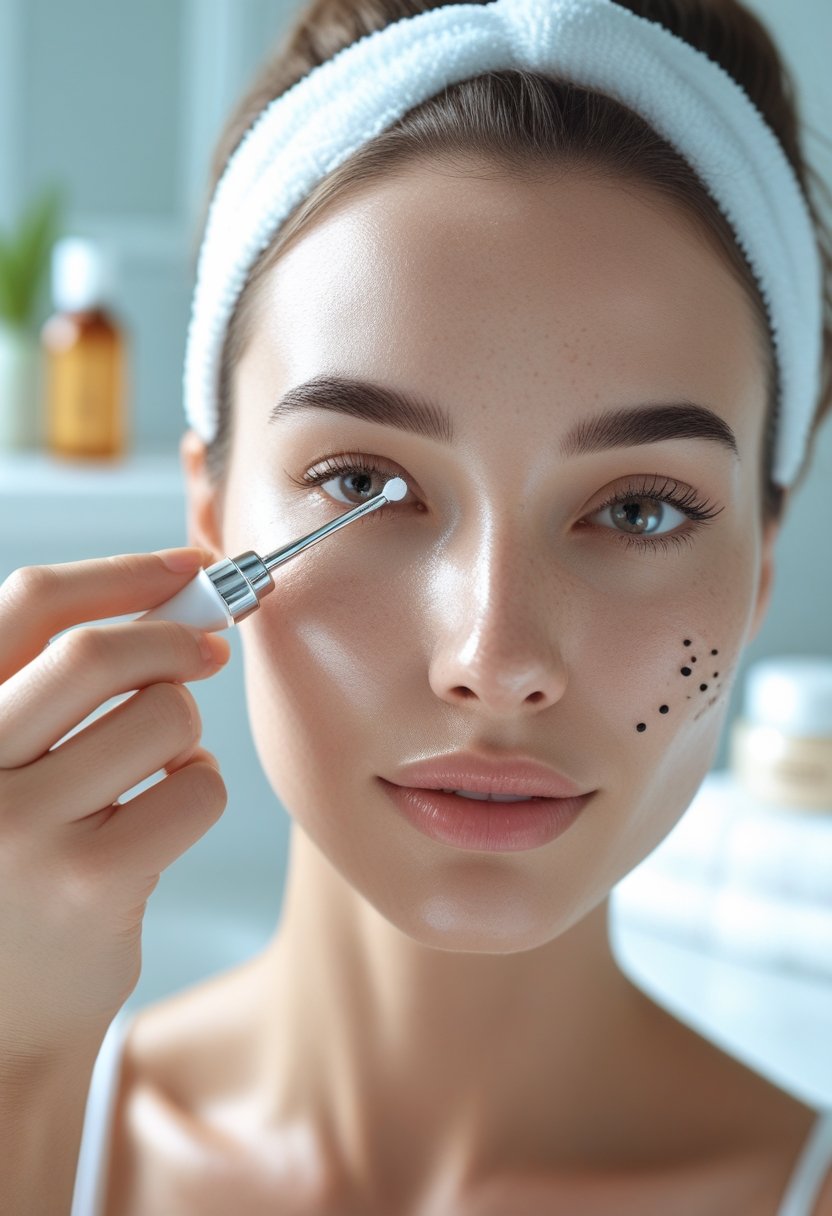 A young woman carefully removing blackheads from her nose using a blackhead extractor tool in a bright bathroom.